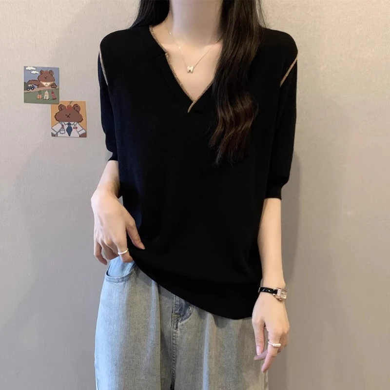 正肩冰丝针织短袖T恤女2025夏季打底衫大码微胖妹妹遮肚黑色上衣