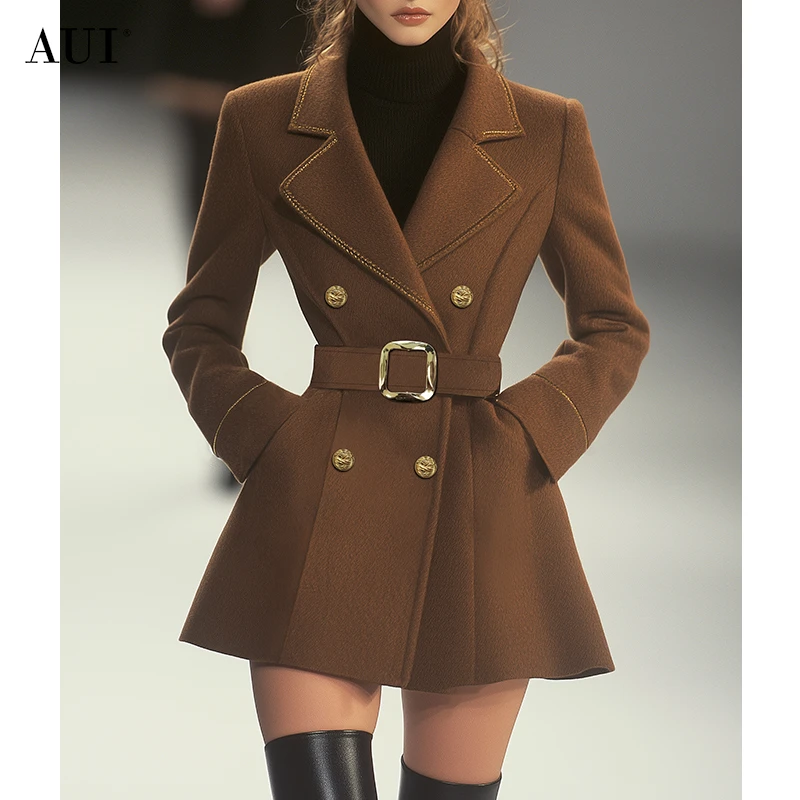 《李易行》AUI驼色美拉德设计毛呢外套呢子大衣-24D096518