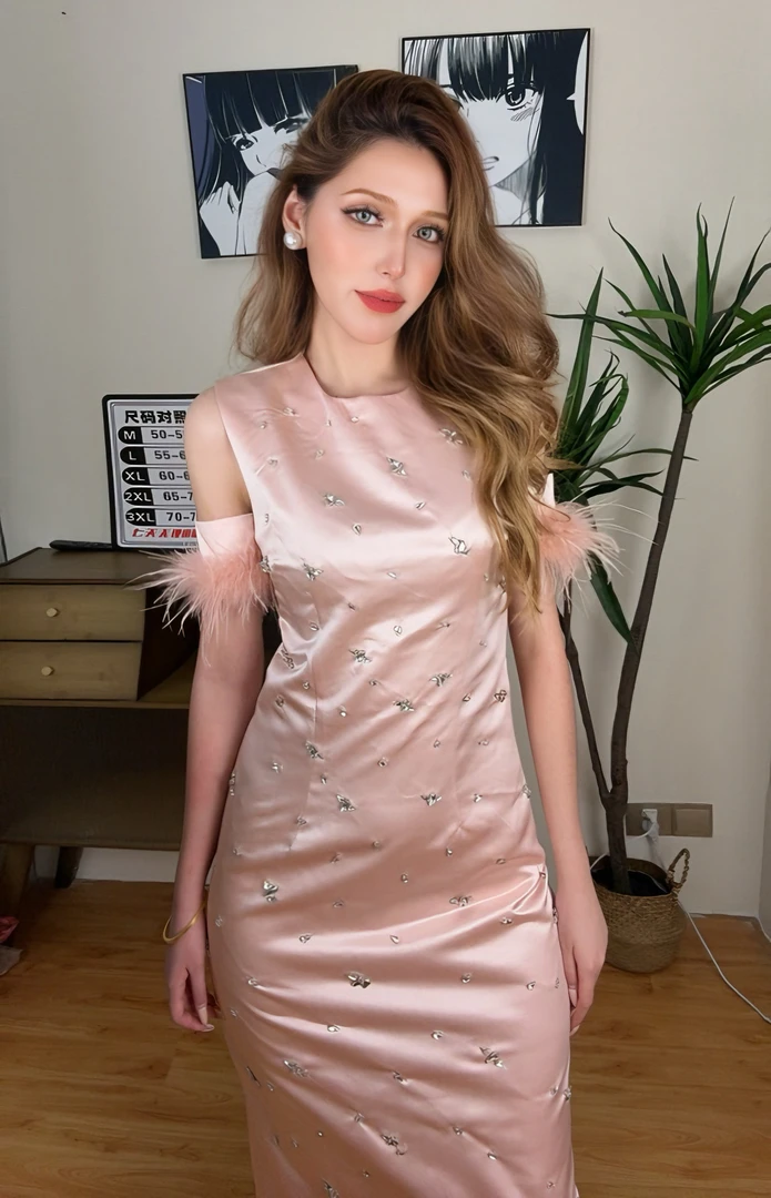 春夏新款粉色包臀显瘦气质连衣裙女法式泡泡袖设计