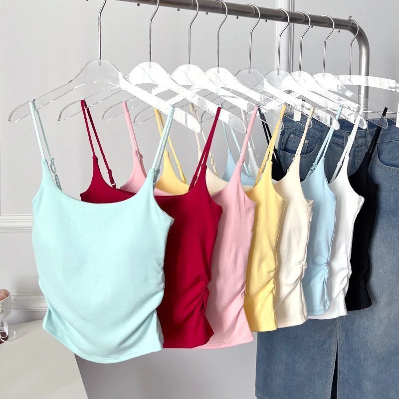 小清新纯欲风设计感褶皱吊带背心女外穿内搭带胸垫修身美背上衣夏