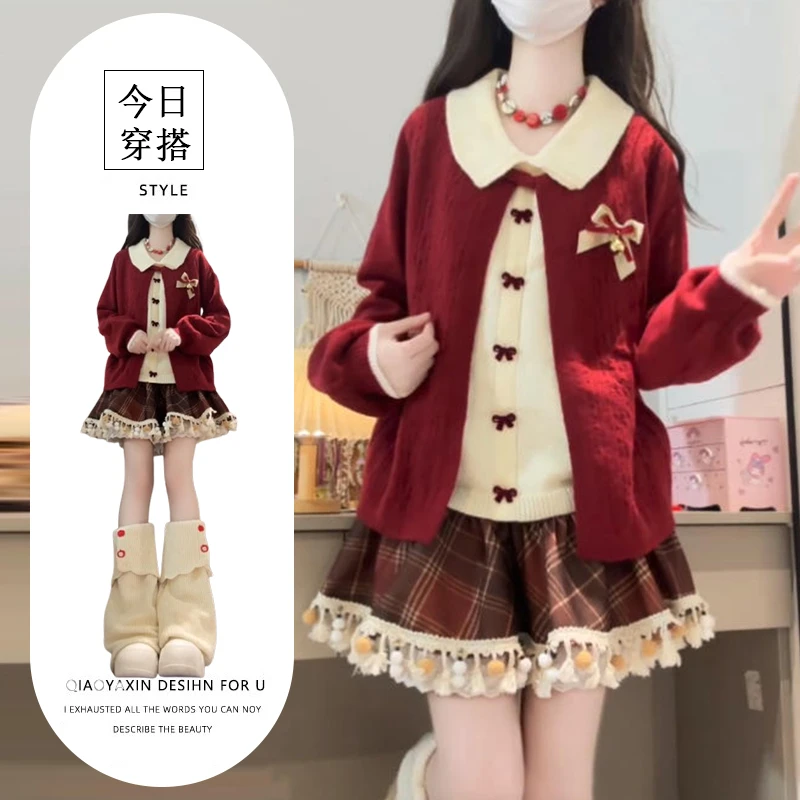 韩系甜美穿搭套装2025秋冬季新款拼接假两件上衣格纹半身裙两件套