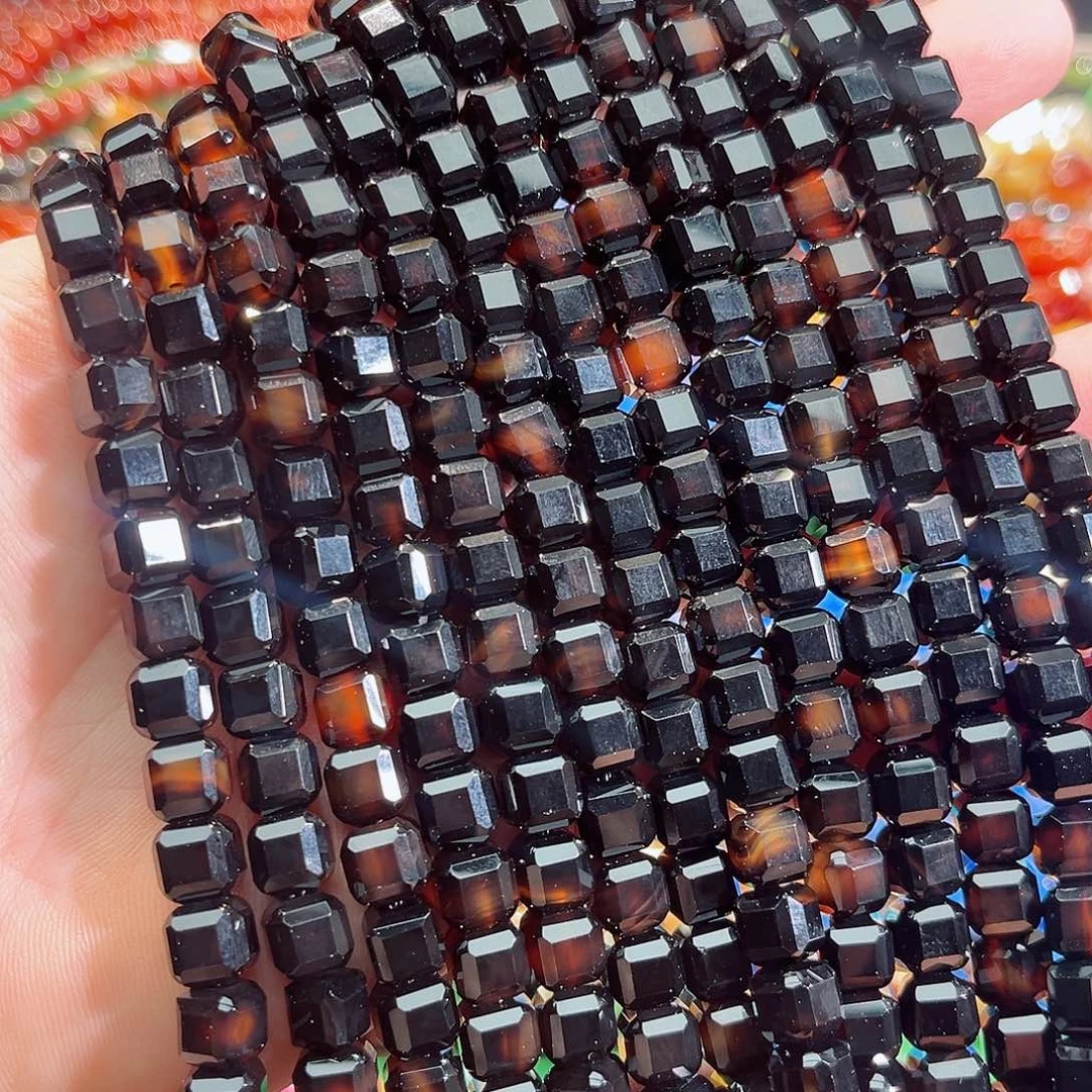玛瑙/玉髓未镶嵌珠宝半成品黑金玛瑙方糖一条8mm33