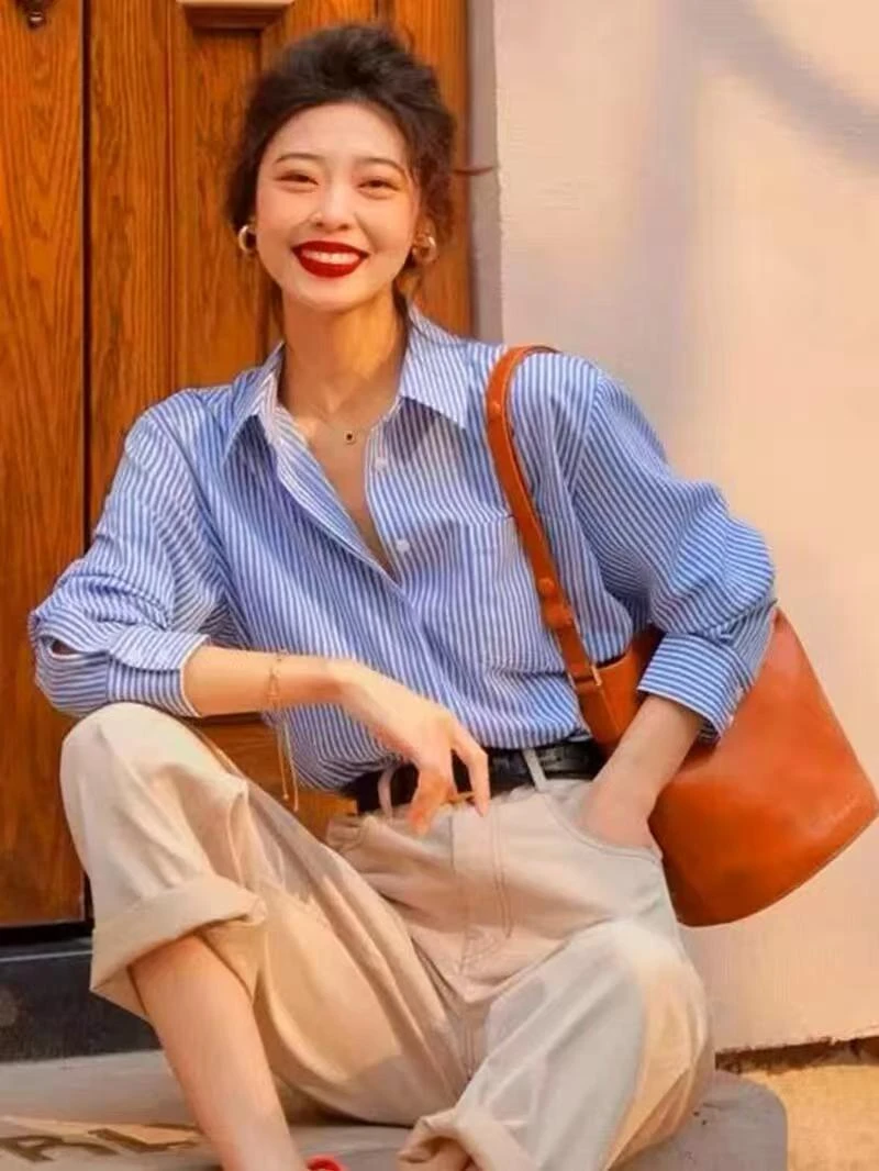 春夏女款上衣衬衫条纹衬衣女款外穿长袖内搭上衣高级感小众设计感