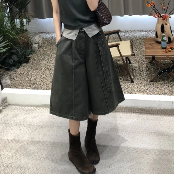 复古军绿色立体褶皱七分阔腿裤女2025年秋季新款大码高腰遮跨中裤