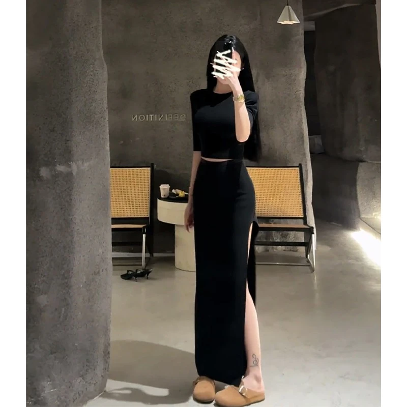 2025夏季新款高级感短款圆领短袖上衣气质高腰包臀开叉半身裙套装