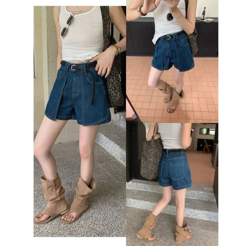 薄款短裤女无弹力复古港风牛仔裤裙裤阔腿裤lulu风高腰设计感短裤