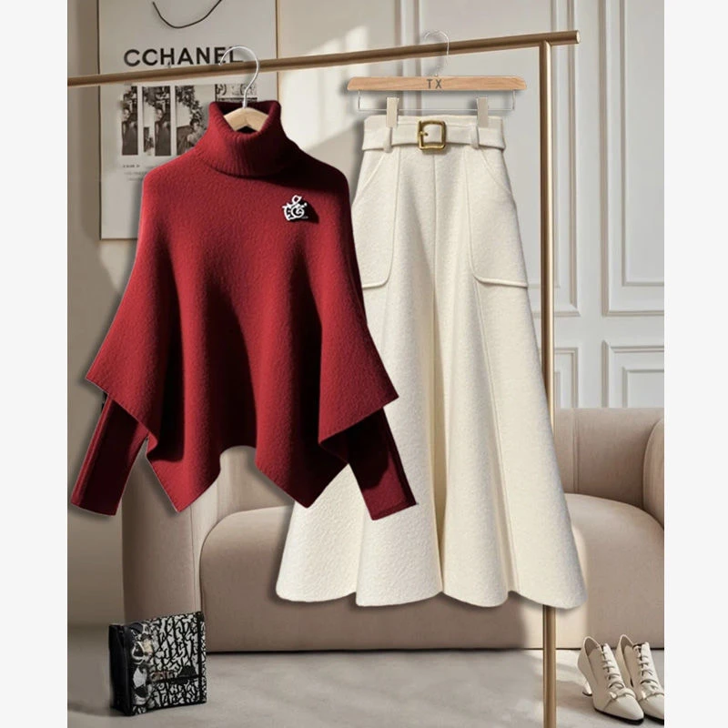 入冬穿搭一整套红色斗篷毛衣女新款高级感休闲高腰半身裙两件套装