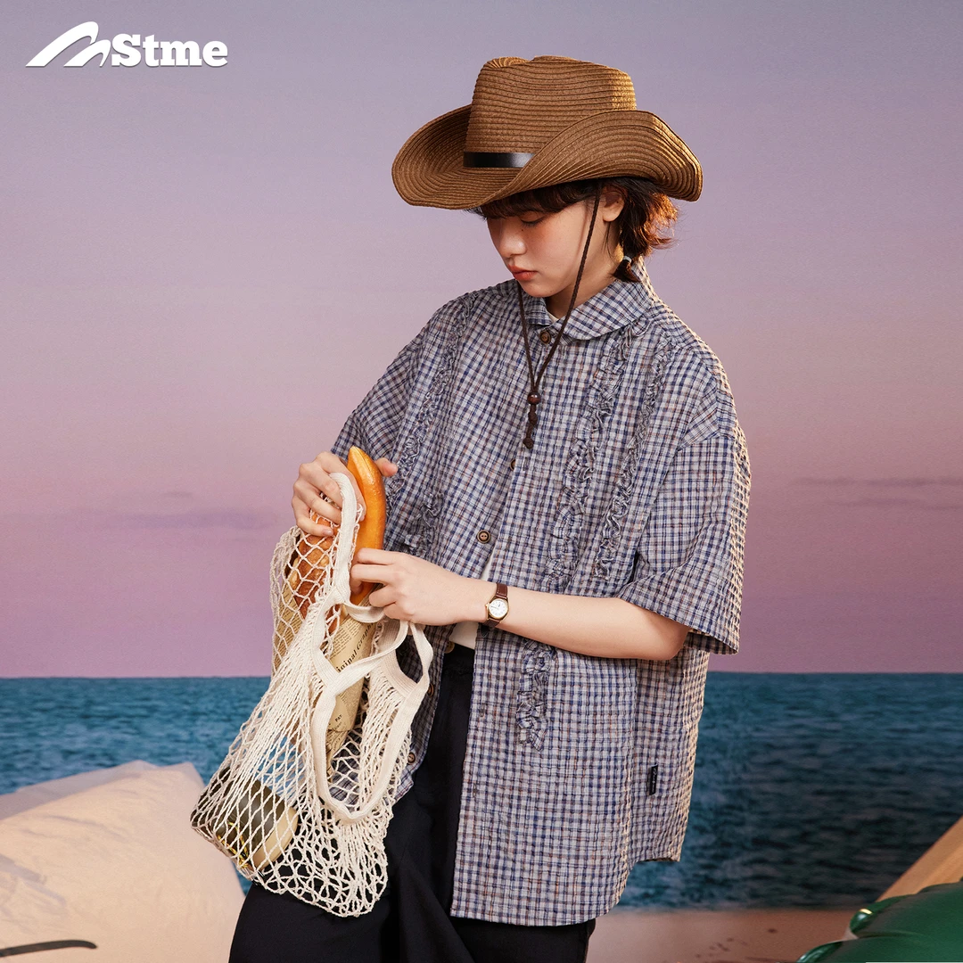 早乙女惠子saotome 日系潮牌宽松泡泡纱格纹荷叶边短袖衬衫0332