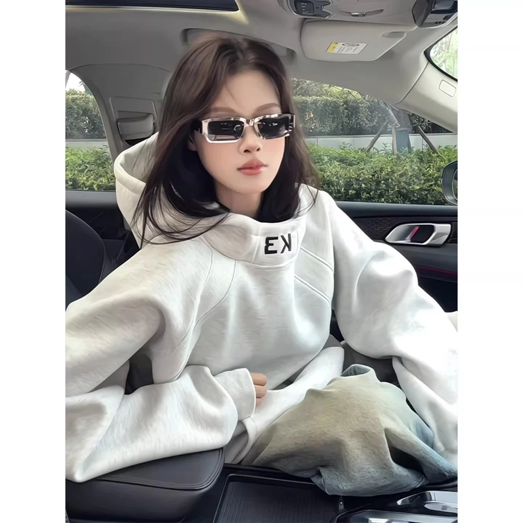 白花灰高领连帽卫衣男女秋冬美式拼接刺绣外套boxy硬挺内搭套头衫