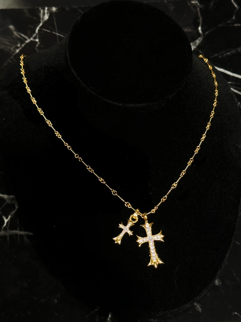 合金项链 POVILLON十字架金色双吊坠轻奢饰品项链 X8832
