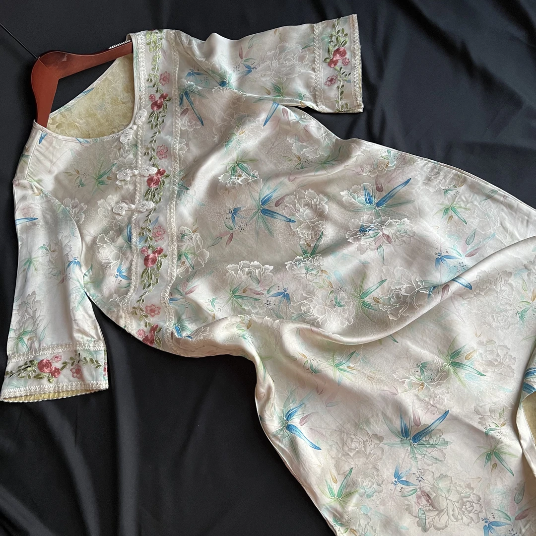 【玉竹】新中式H版长裙套头斜襟复古绣花暗纹提花中国风夏季时尚