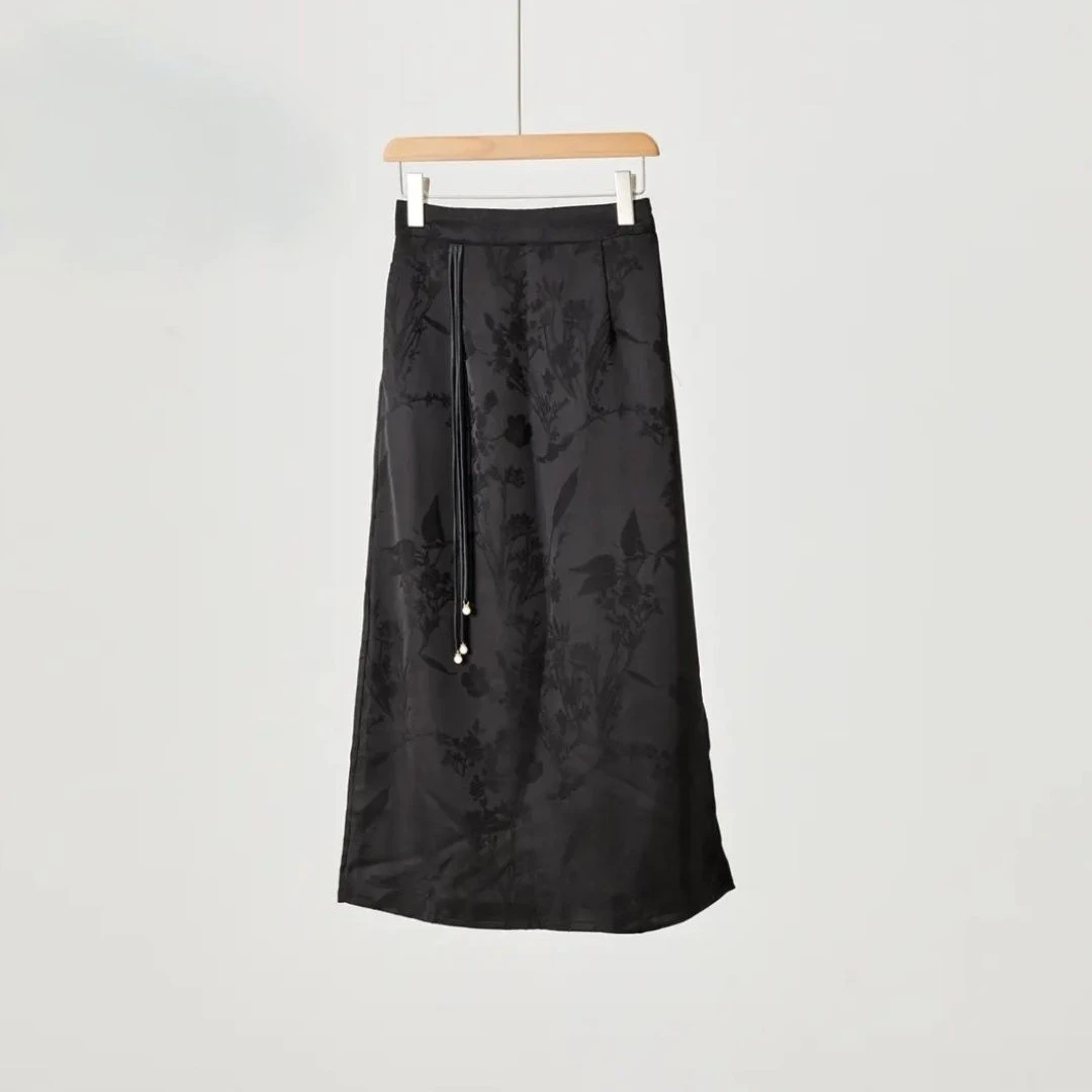 2185国潮中式复古提花流苏薄款黑色百搭气质夏季半身裙裙璐璐