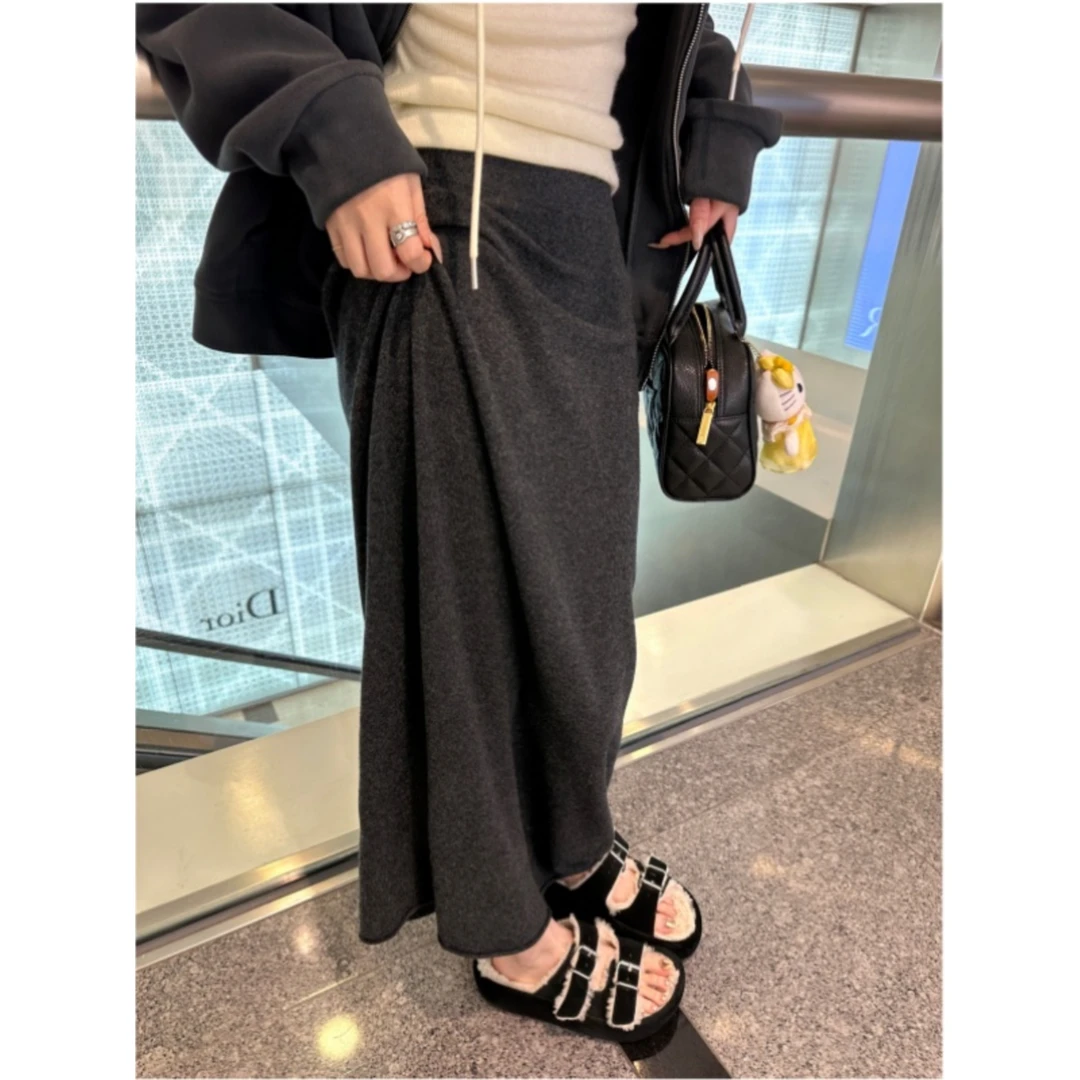 慵懒松弛感垂感包臀裙女秋冬深灰色羊毛针织半身裙小个子洋气长裙