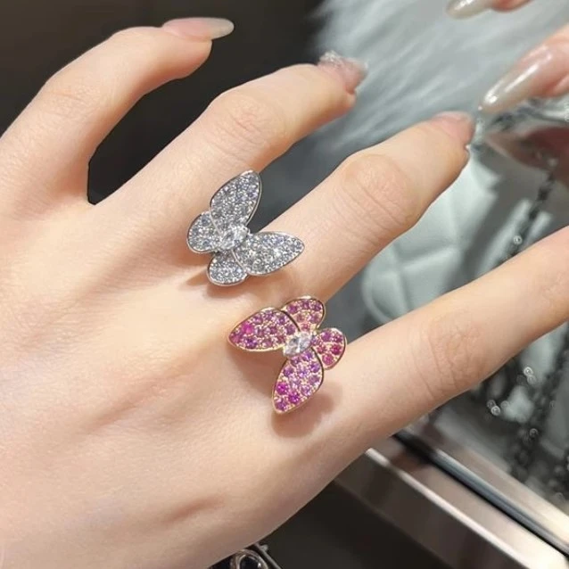 铜合金戒指 白粉钻满钻双蝴蝶戒指开口戒生日明星同款饰品