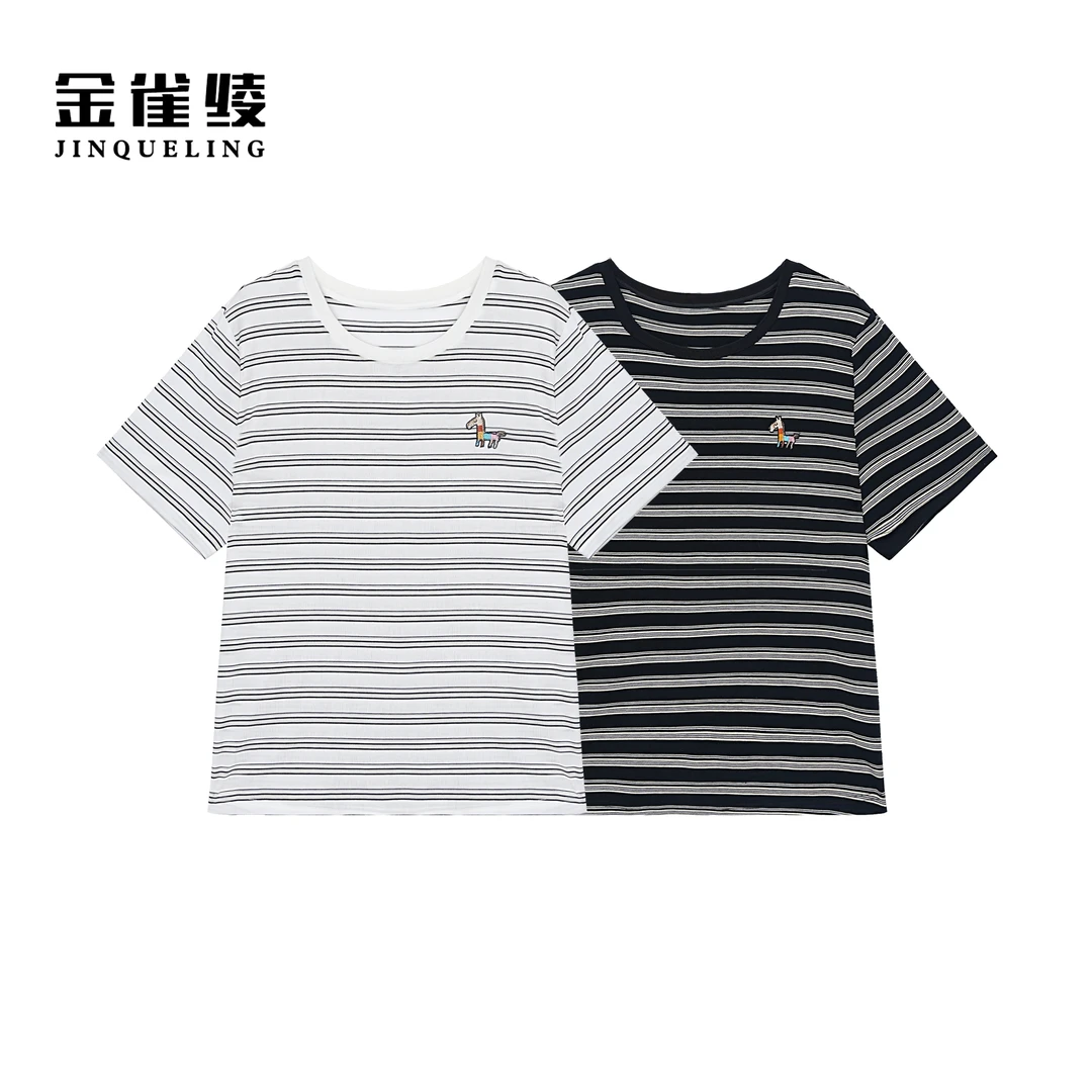 金雀绫【小马快跑】设计感条纹百搭刺绣时尚加宽加大小衫SZA2SL537