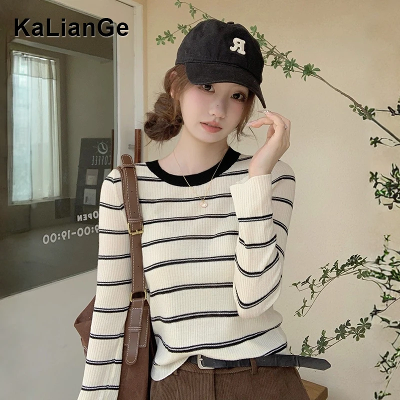 卡莲格/大码女装撞色条纹长袖羊毛衫秋季款修身显瘦内搭打底上衣
