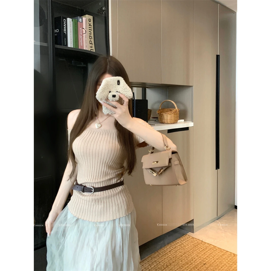 纯欲风一字肩短袖针织恤女装夏季新款紧身弹力短款气质上衣