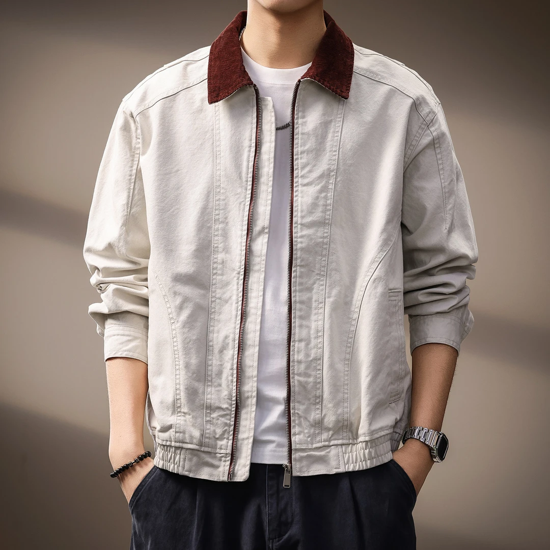 高端重磅复古巴恩风撞色工装外套男秋季新款简约撞色宽松百搭上衣