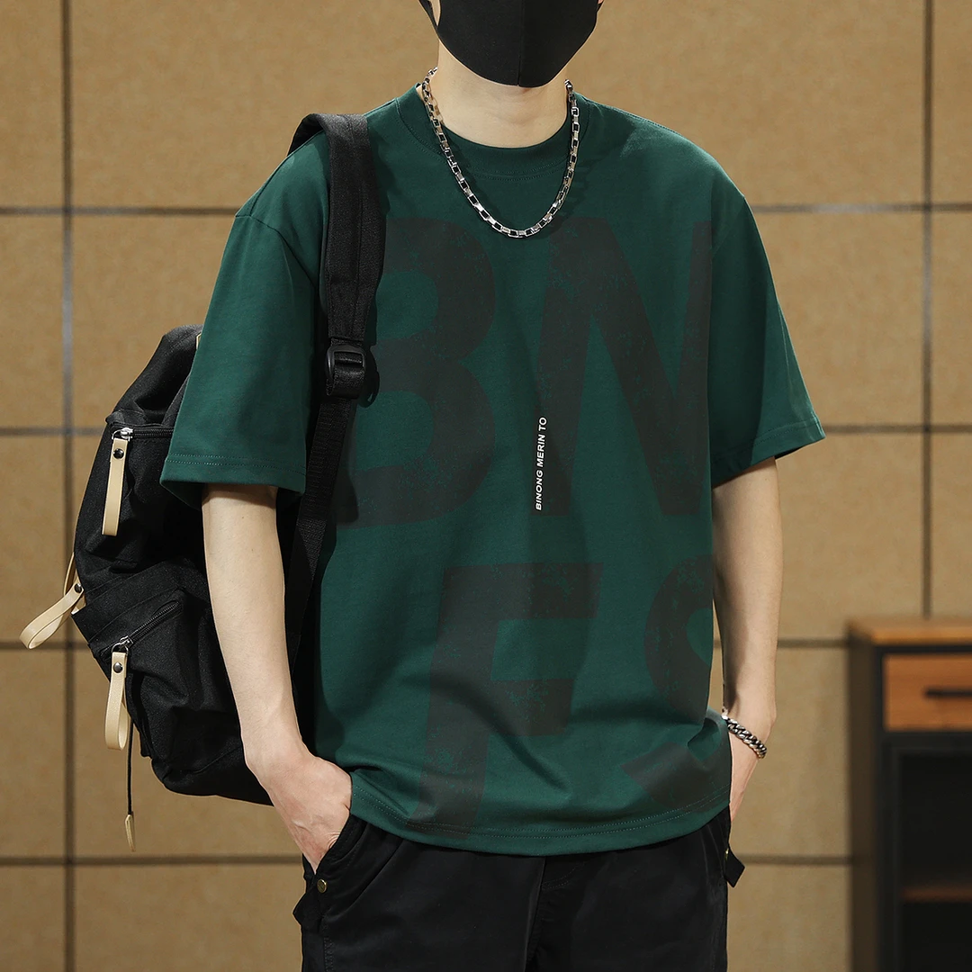 美式重磅260G短袖T恤男士夏季新款宽松潮牌字母印花复古圆领上衣