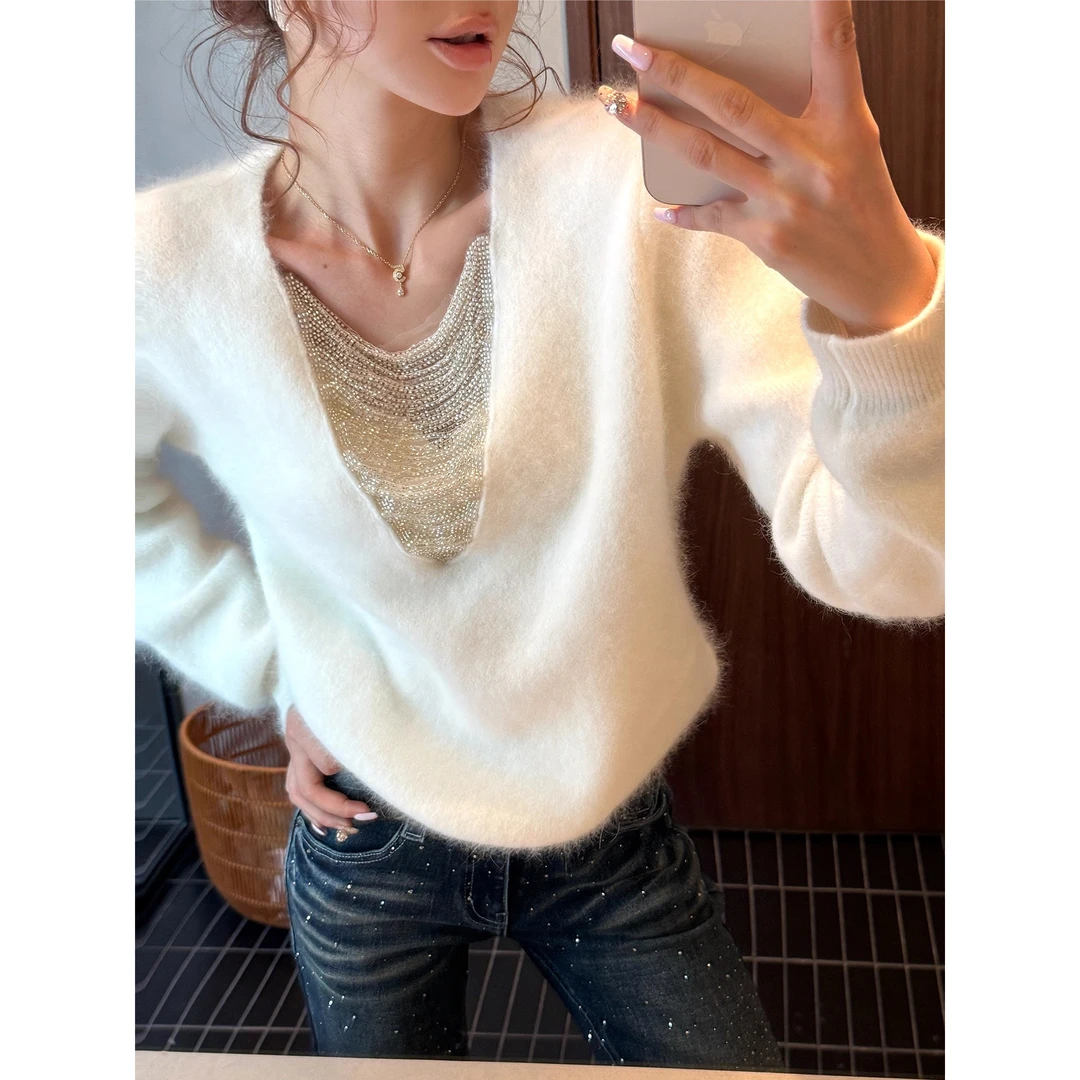 溪溪靓衫法式气质水晶晶上衣女秋冬显瘦羊毛+兔毛雪雕纱线重磅毛