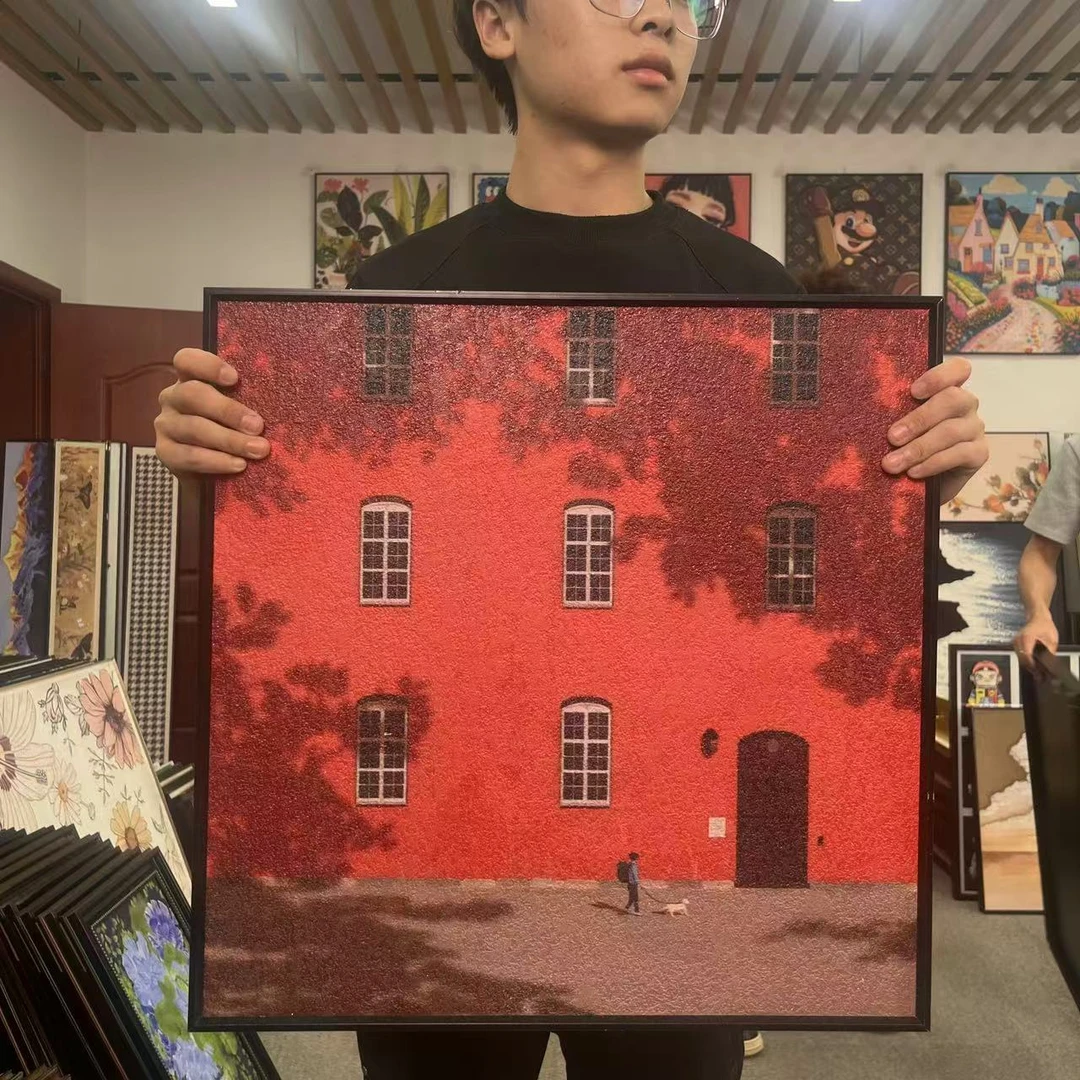 轻奢红色大楼建筑感装饰画适用于卧室客厅玄关背景墙5050