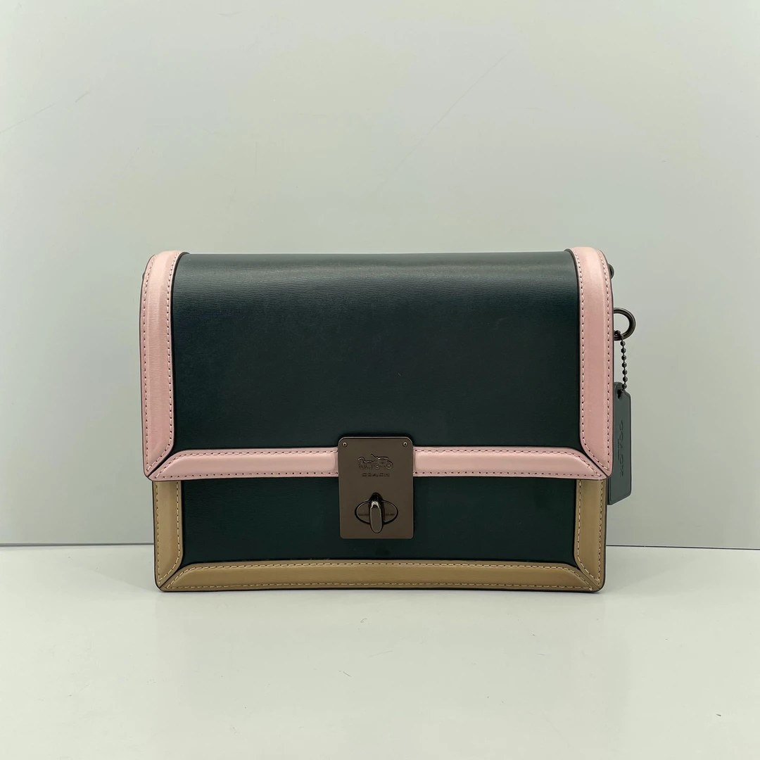 95新 COACH/蔻驰 hutton墨绿拼色纹链条包 22*16*6cmE010304