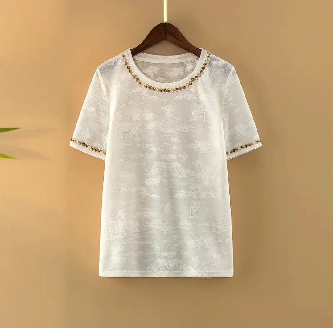 【花间意】-- 2025夏款新中式国风小众百搭针织提花短修身袖上衣