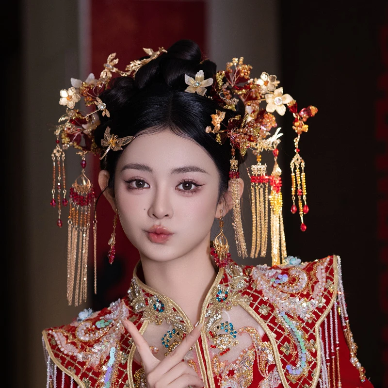 合金婚庆饰品 新娘金红色花朵蜻蜓凤凰流苏发簪中式结婚发饰G0168