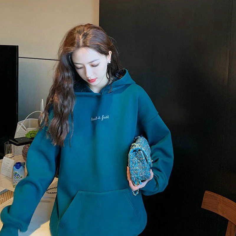 秋冬加绒加厚长袖百搭连帽中长款宽松显瘦卫衣外套女新款蓝色气质