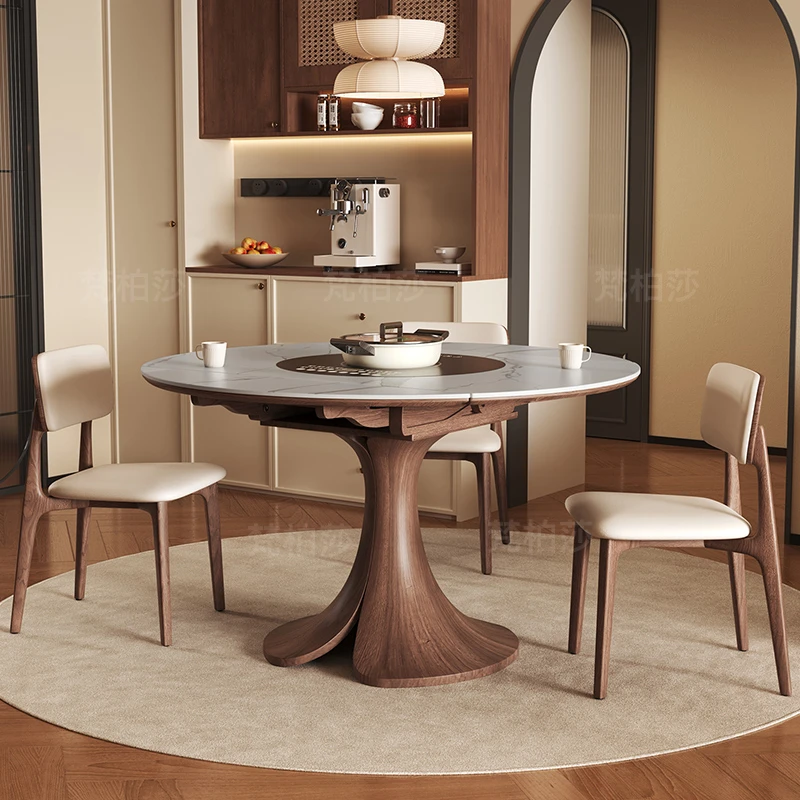 方圆两用复古岩板餐桌带转盘电磁炉家用小户型实木圆桌餐桌椅组合