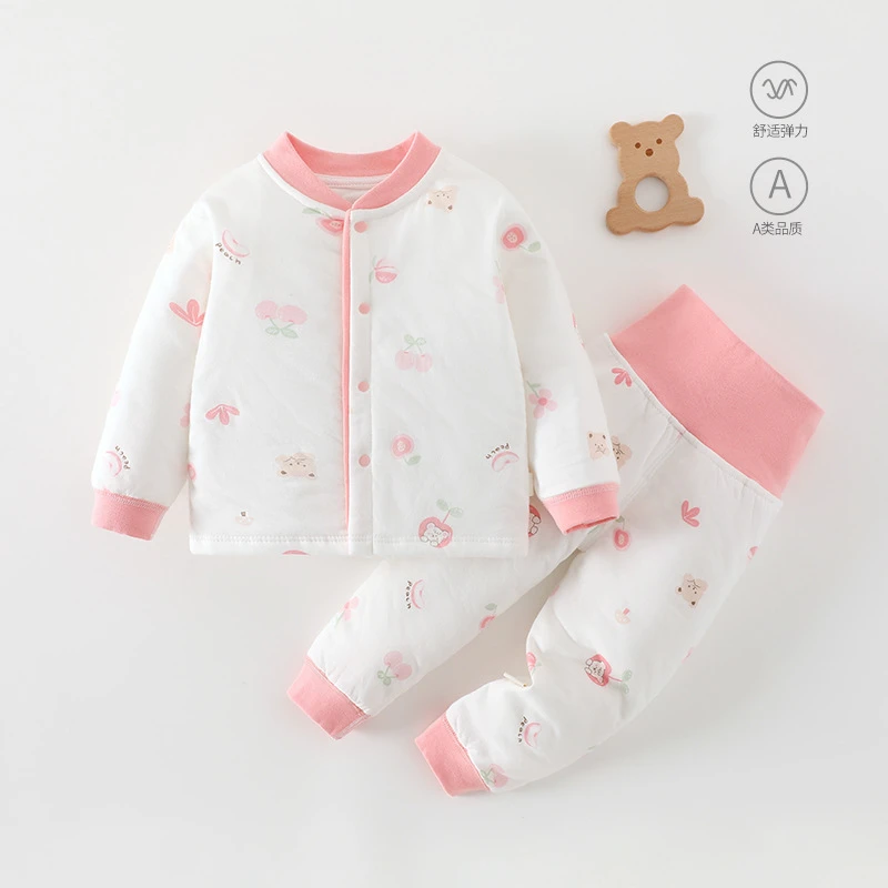 婴儿夹棉秋冬季分体套装宝宝40克薄棉高腰两件套冬装棉服樱桃小熊