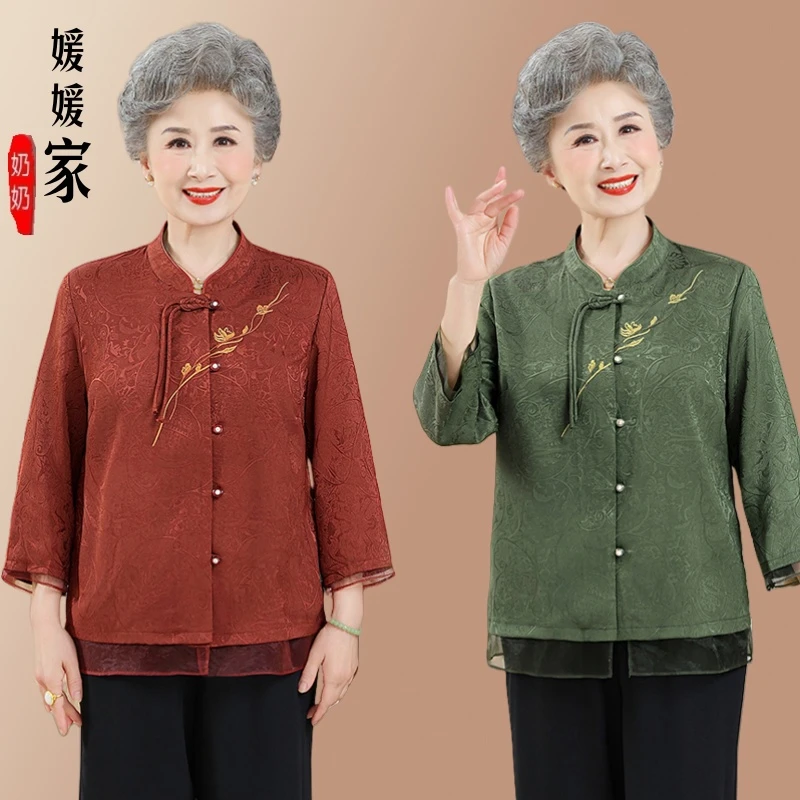 奶奶中老年人夏装妈妈中式老太太国风上衣衬衣中老年夏季唐装衬衫