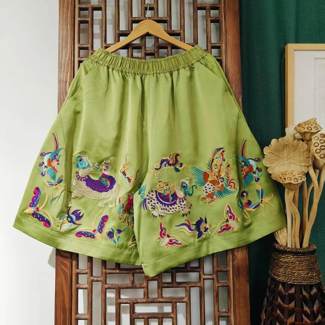 （ LK135-16）凤徕兮私人定制绿底彩色图腾刺绣全松紧加衬六分裤