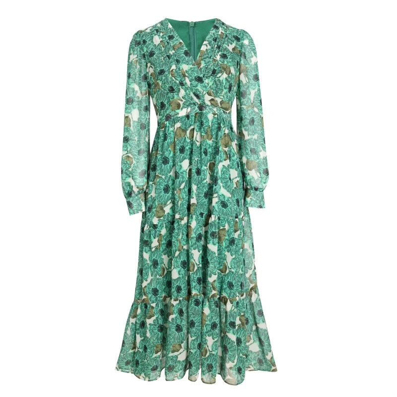 法式复古 印花连衣裙性感V领收腰长裙大摆气质女8200