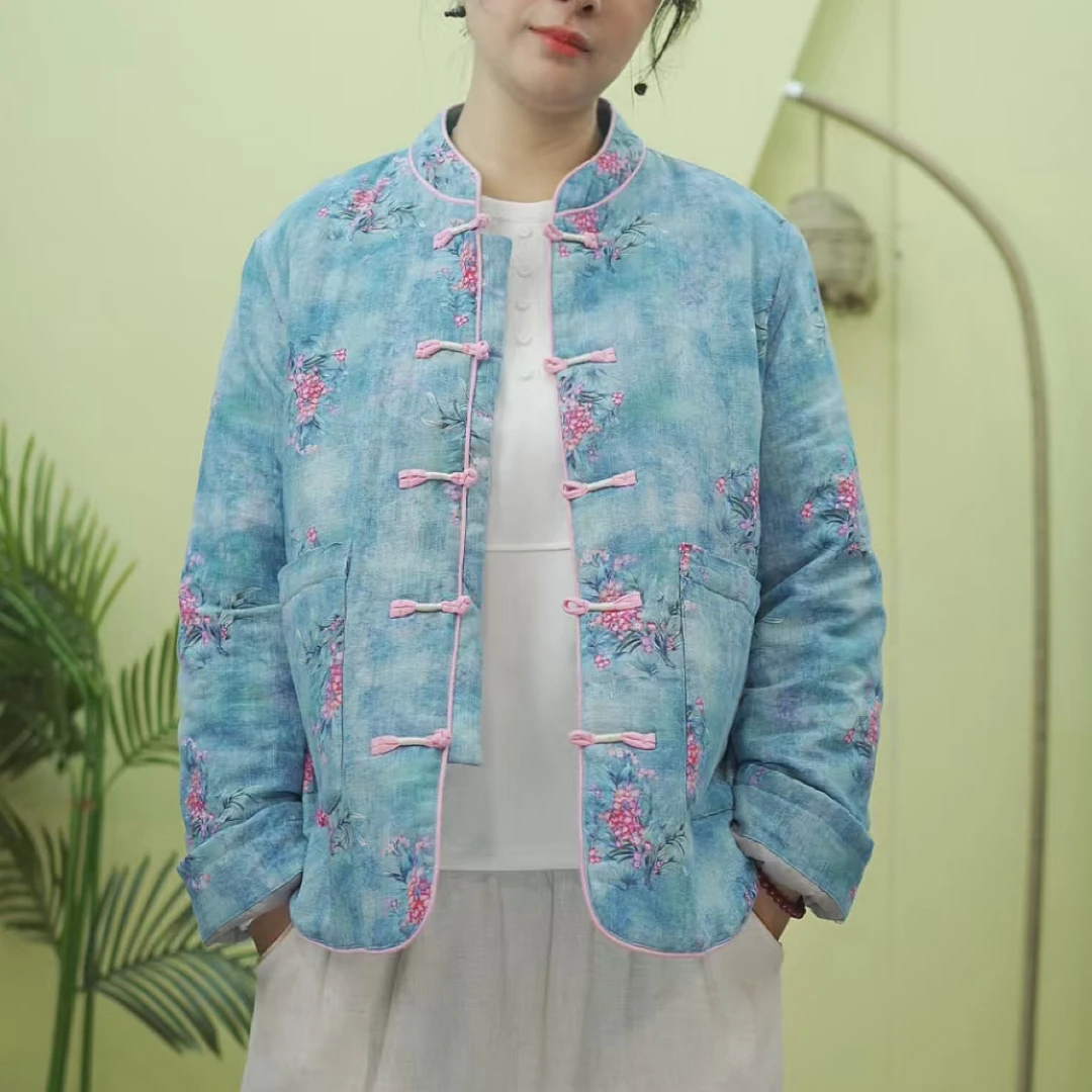 新中式立领对襟厚款盘扣保暖棉麻棉衣国风冬季外套