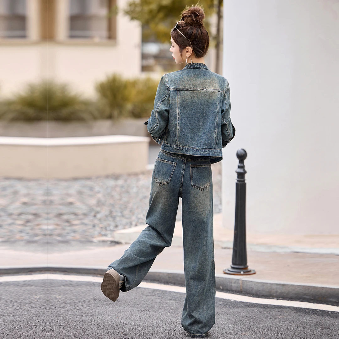 气质干练牛仔套装女2025春秋装新款时尚减龄翻领夹克直筒裤两件套