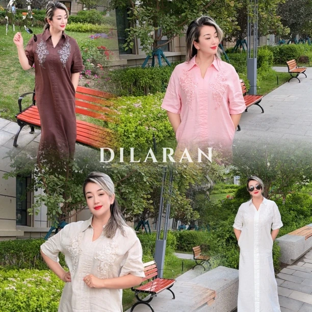 Dilaran高档气质翻领修身时尚夏季复古宽松连衣裙