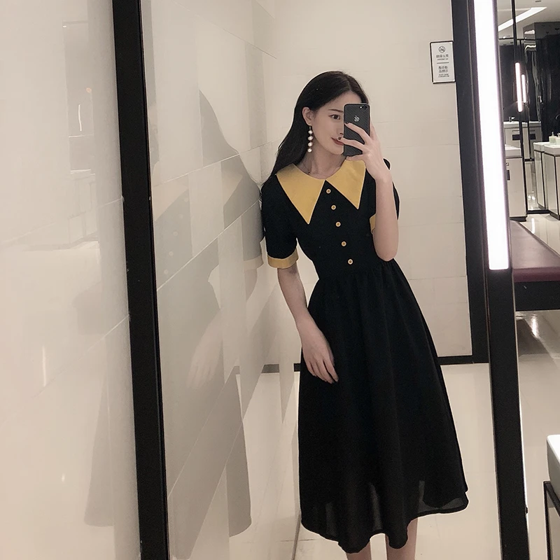 大码女装法式茶歇撞色短袖长裙子夏季气质收腰显瘦赫本风连衣裙女