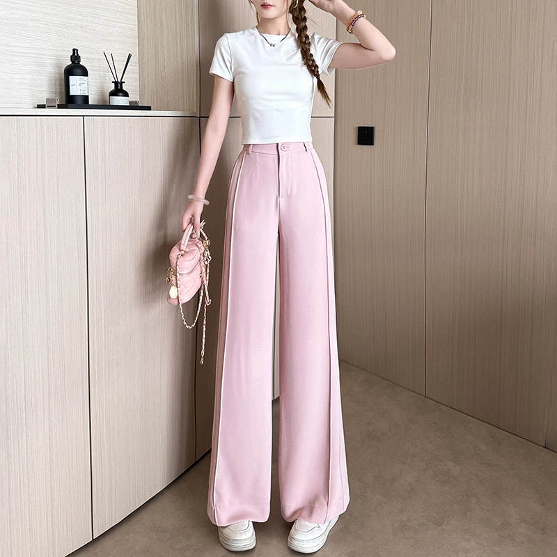 小个子粉色垂感西装阔腿裤女2025夏季薄款高腰宽松微喇休闲裤子XS