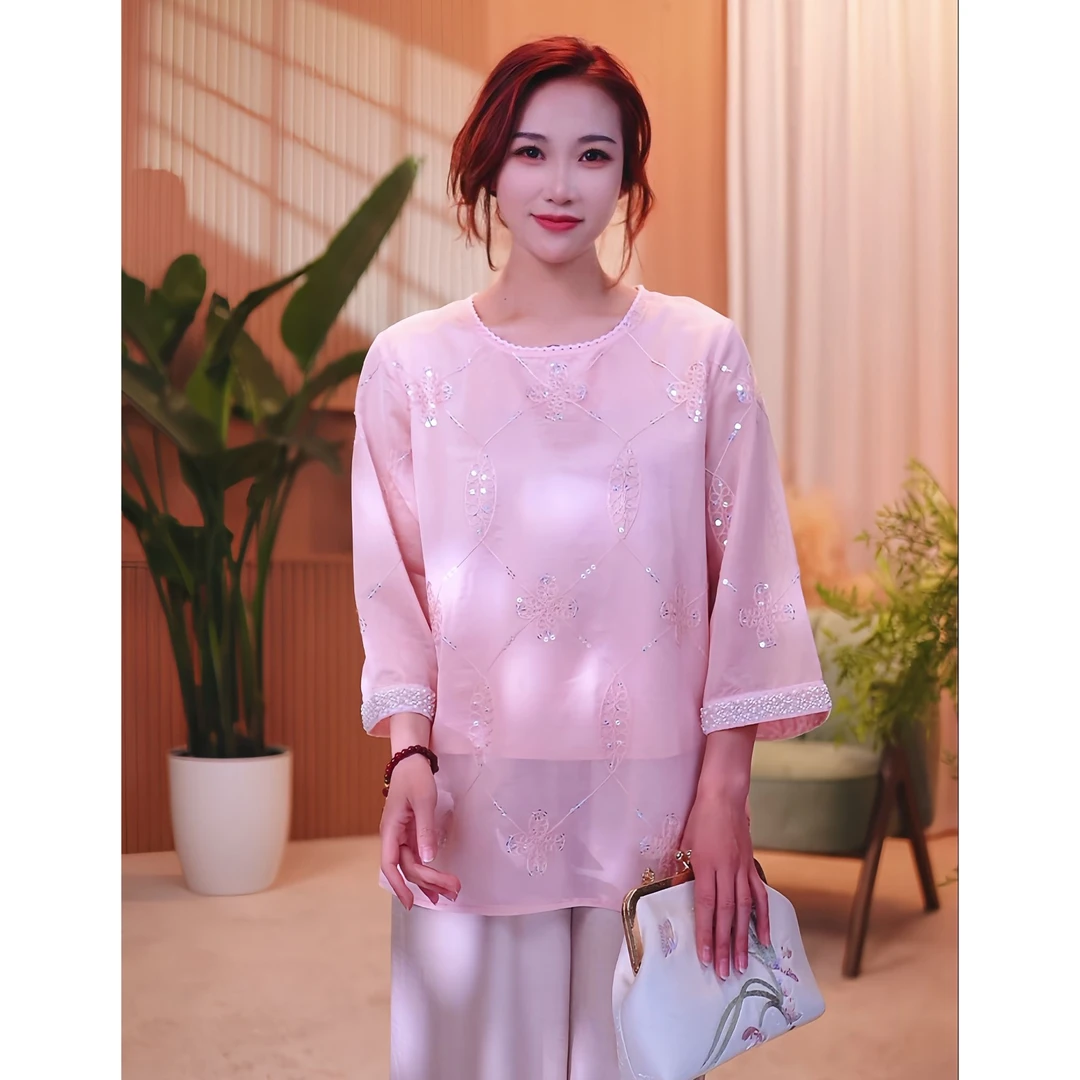 妈妈装2025夏装新款 透气休闲套装 50岁时尚女装 刺绣气质上衣