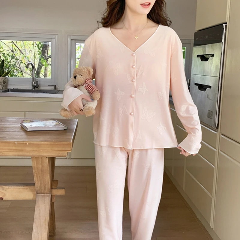 粉色开衫睡衣女春秋长袖长裤提花棉2025年新款带胸垫家居服套装