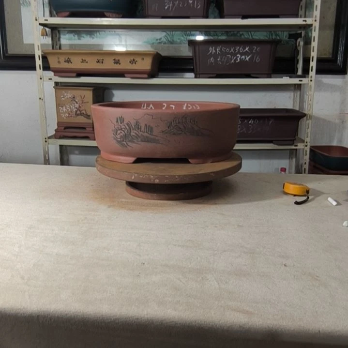紫砂花盆豆沙色大号腰圆