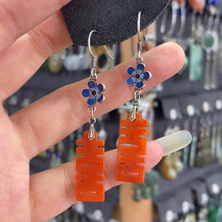 翡翠耳饰银S925镶嵌烧红翡耳坠