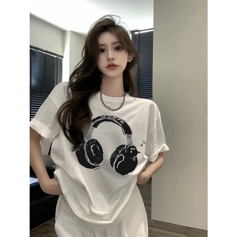 白色t恤纯棉重磅短袖T恤女夏季潮牌oversize宽松印花上衣ins
