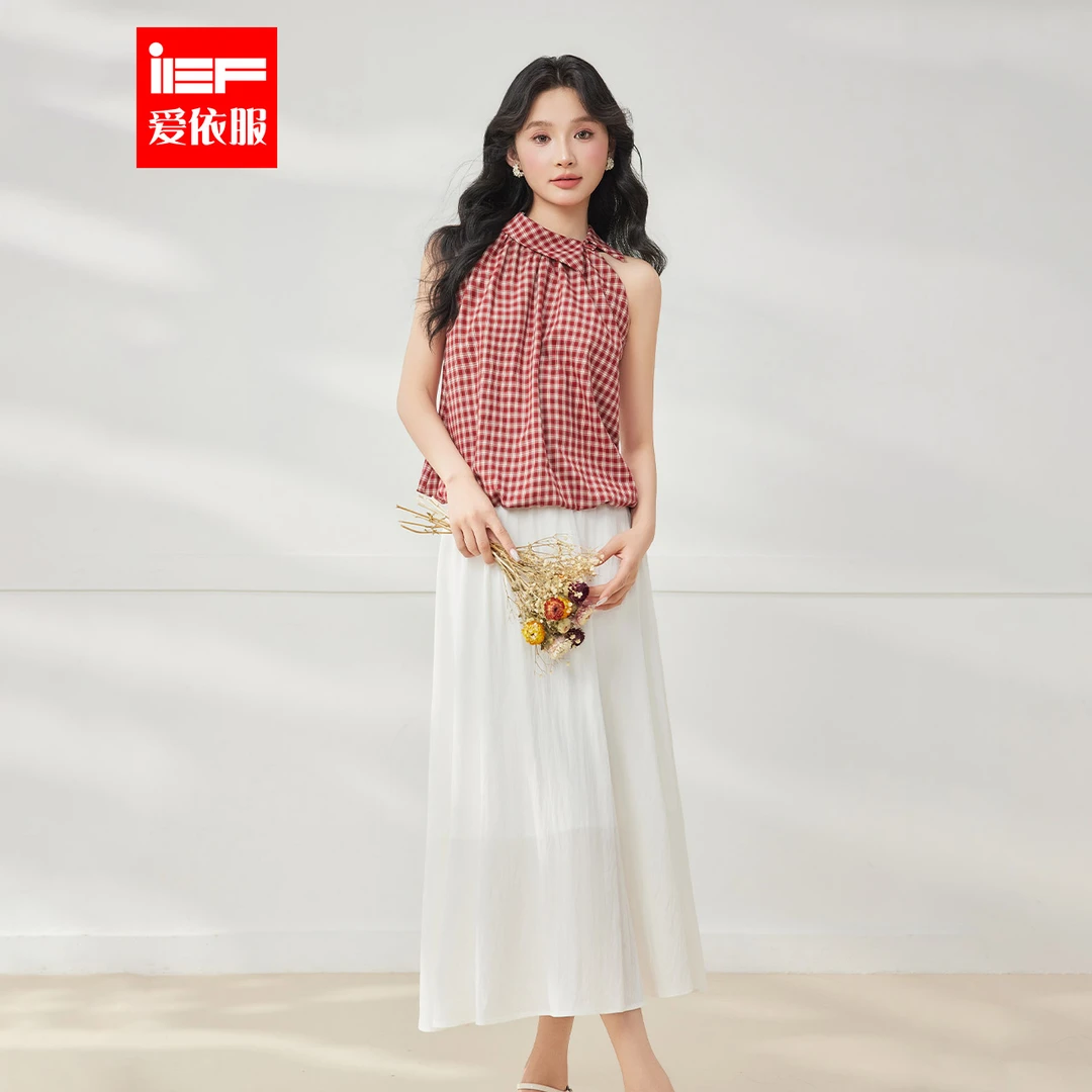 IEF/爱依服2025夏季新款港风复古格子背心半身裙度假通勤上下套裙