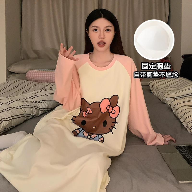 秋季长袖睡裙女孩自带胸垫2025年新爆款网红风洋气学生家居服睡衣