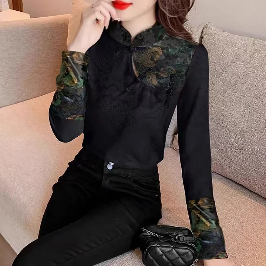 新中式网纱拼接上衣2025春季新款高级感国风提花立领长袖t恤
