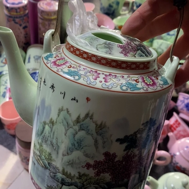 摆件陶绿稀土山水大提梁壶