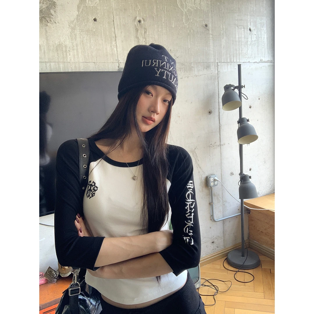 【HRG】2025新款印花修身短款七分袖上衣女百搭时尚T恤253A3871