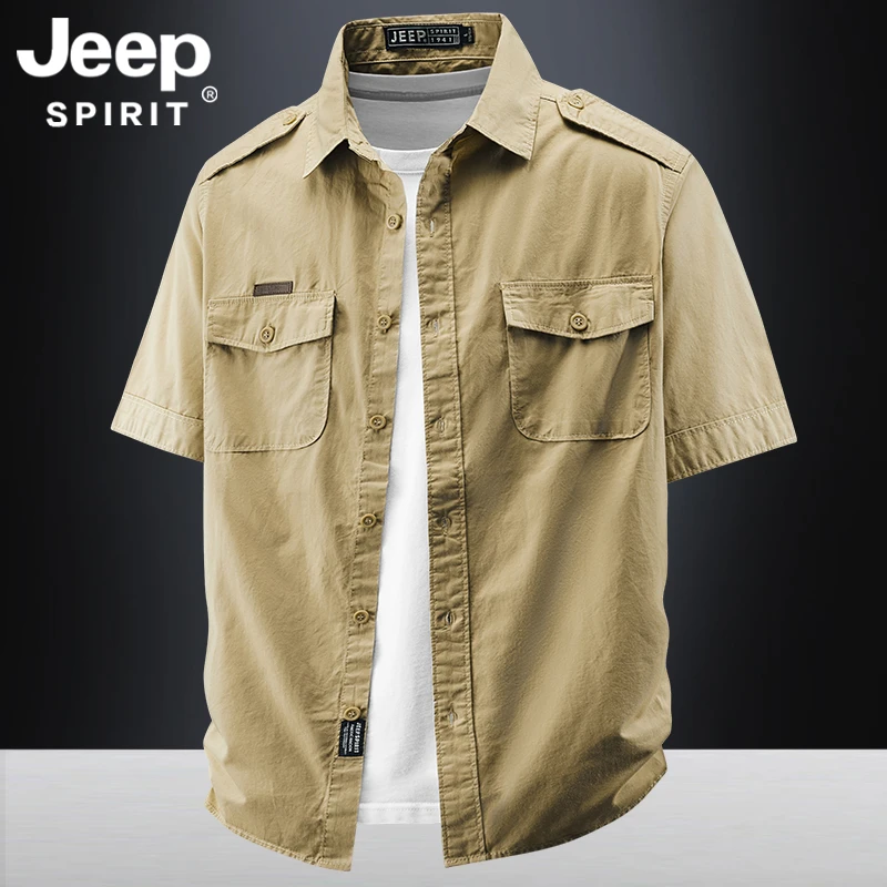 Jeep吉普正品夏季纯棉短袖衬衫男士2025新款商务休闲薄款翻领衬衣